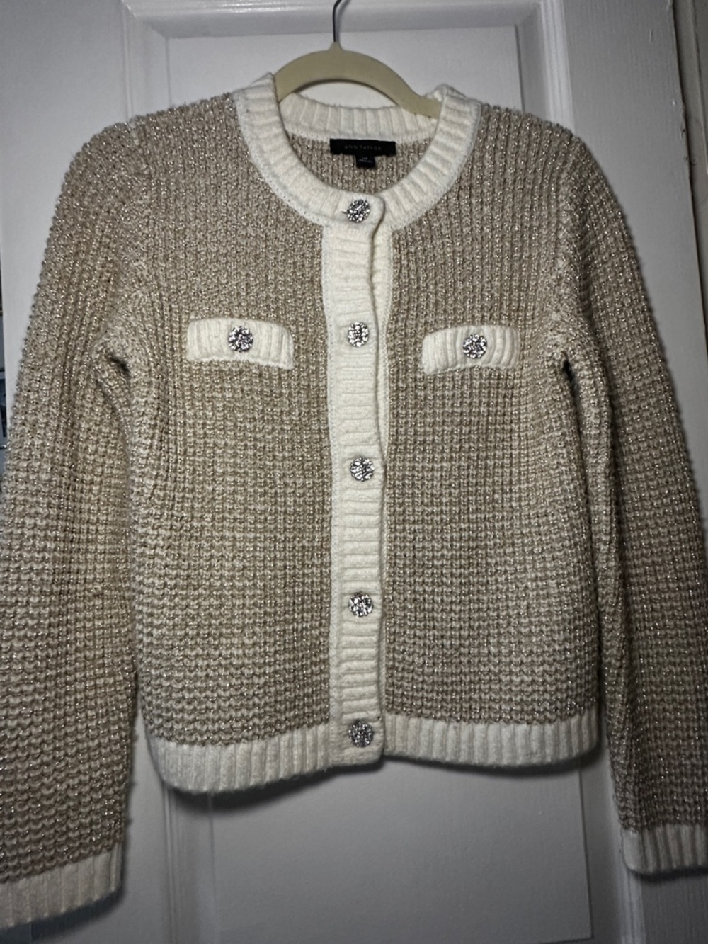 Anne Klein Beige and Cream Knit Jewel-Button Cardigan